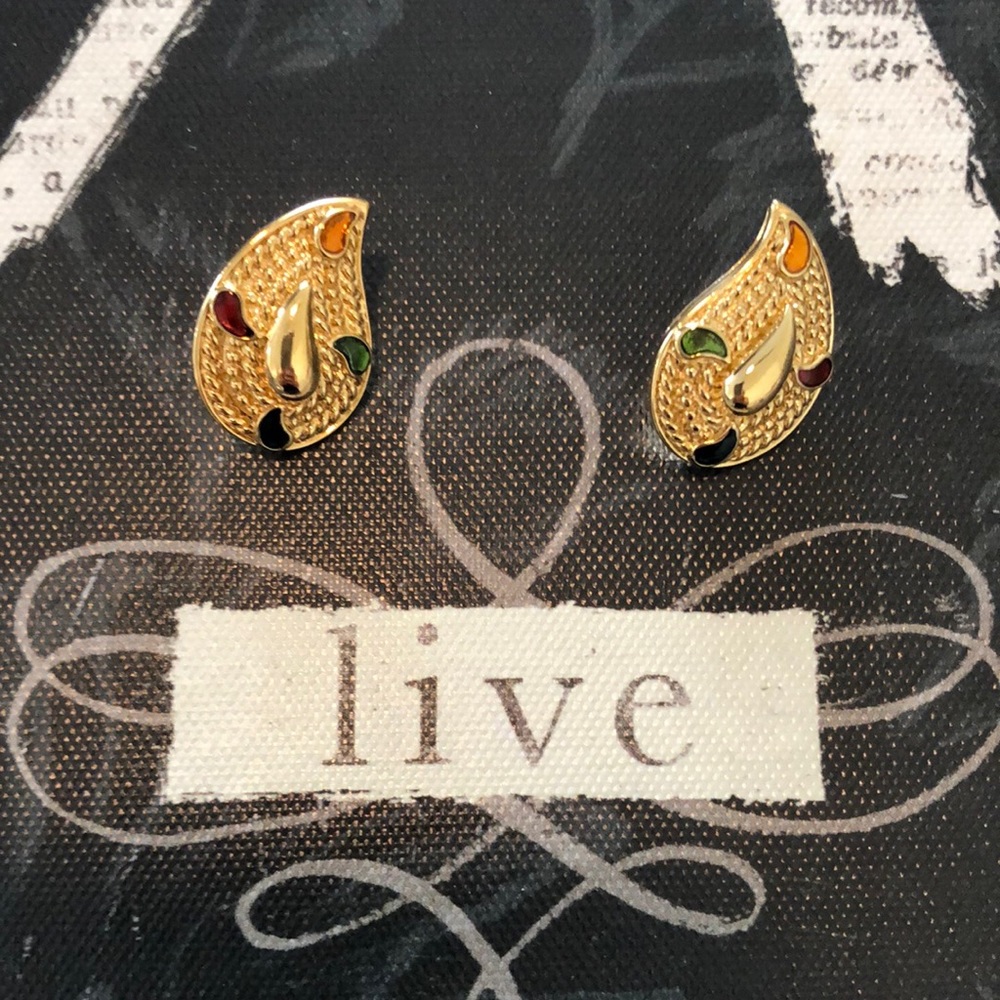 Avon Gold Paisley Earrings with Multi Colour Paisley Stones Set in Gold
